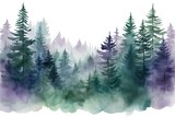 Watercolor painting of spruce forest. Coniferous foggy forest illustration. Fir or pine trees for Christmas design. Misty winter abstract background, holiday background