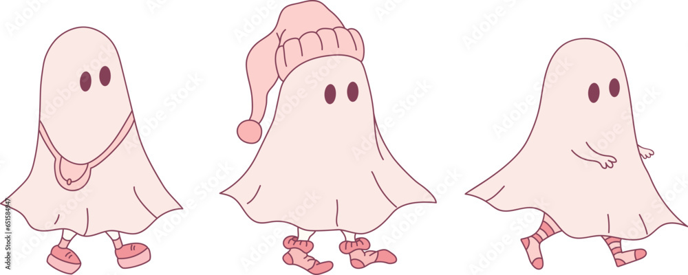 Three little ghosts in different clothes. Hand drawn cute ghosts isolated on white background. Halloween vector illustration Three little ghosts in different clothes. Hand drawn cute ghosts isolated on white background. Halloween vector illustration