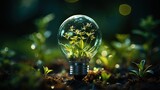 Green light bulb, crystal ball with plants inside in hands against a background of forest and green grass. Eco-concept, environmental protection, nature protection, respect for the environment. 