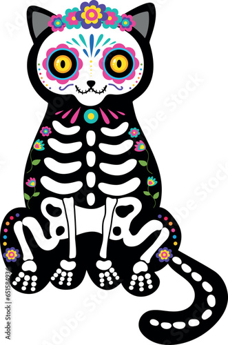 Skeleton cat with a colorful makeup of sugar skull and floral wreath. Day of the Dead celebration. Dia de los Muertos. Vector illustration