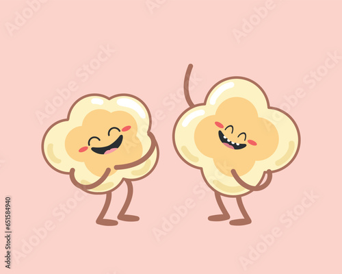 Cute cartoon popcorn characters on pink background. Two popcorns is laughing. Flat style. Vector illustration