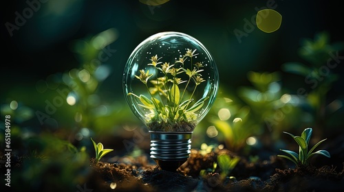 Green light bulb, crystal ball with plants inside in hands against a background of forest and green grass. Eco-concept, environmental protection, nature protection, respect for the environment. 