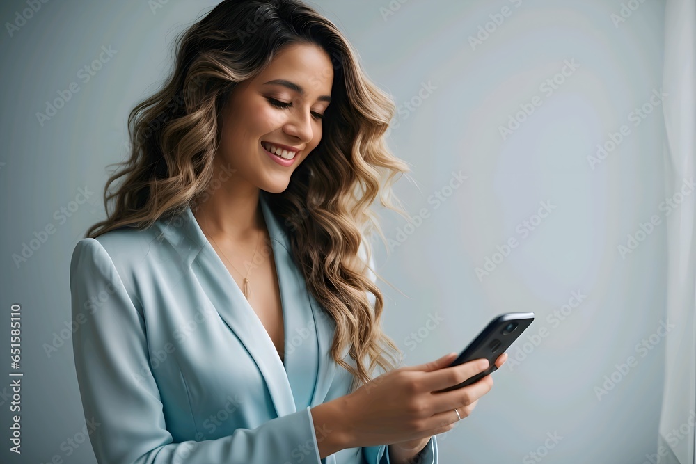 A young woman smiling happy holding a mobile phone looking at smartphone, typing message A young woman smiling happy holding a mobile phone looking at smartphone, typing message