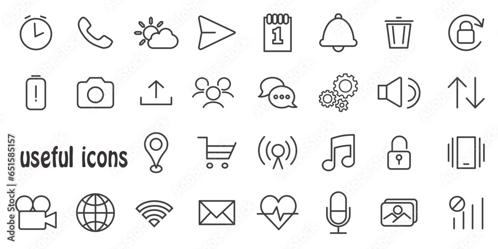 Music and image settings interface. Icons are always needed. Set of linear vector icons.