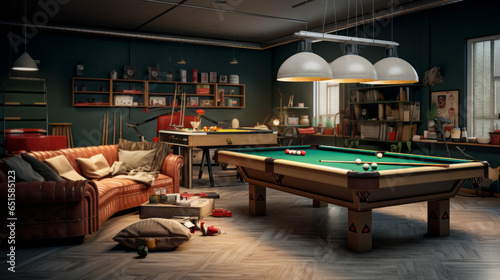 Scandinavian Family Game Room Designed for fun and games with a pool table, vintage arcade games, and comfortable seating for family and friends