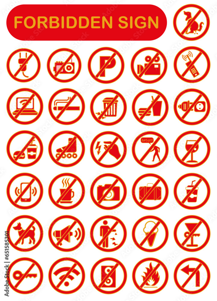 Various prohibition signs in orange on a white background, vector illustration. Various prohibition signs in orange on a white background, vector illustration.