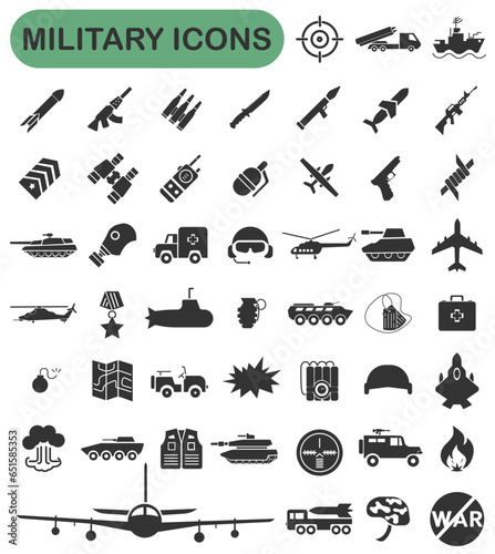 Military icons in vector lines, military army minimal design, editable stroke for any resolution.