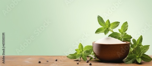 Isolated fresh stevia sugar in a wooden bowl isolated pastel background Copy space photo