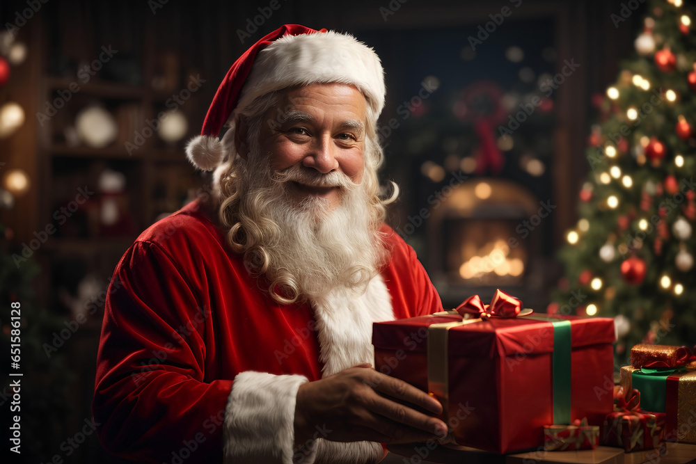 Smiling Santa Claus or Saint Nicholas with gift box on holiday background. Merry Christmas and happy new year Smiling Santa Claus or Saint Nicholas with gift box on holiday background. Merry Christmas and happy new year
