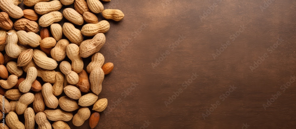 Isolated top view of unshelled peanuts on a isolated pastel background Copy space