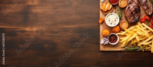 Grilled meat with fries served on wooden board isolated on a isolated pastel background Copy space