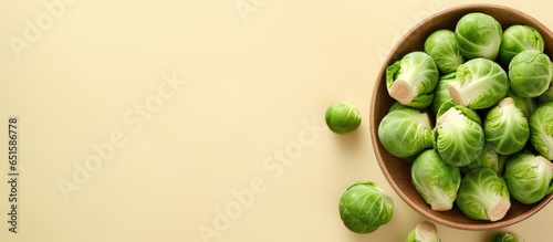 Fresh Brussels sprouts on a isolated pastel background Copy space from above