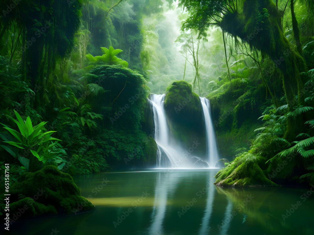 Fototapeta premium amazing tranquil pond and waterfall nestled in a lush forest, surrounded by trees 