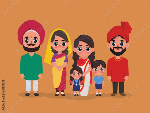 Indian family. Boy, girl kids mother woman, father man parents, grandmother, grandfather standing together. Wife and husband person with children. Indian family portrait vector illustration