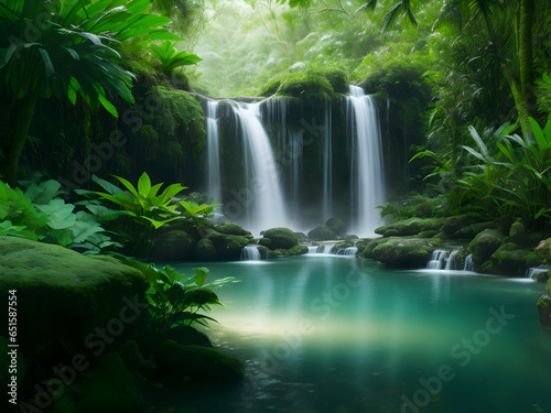 amazing tranquil pond and waterfall nestled in a lush forest, surrounded by trees 