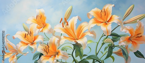 Lilies in the garden are orange isolated pastel background Copy space