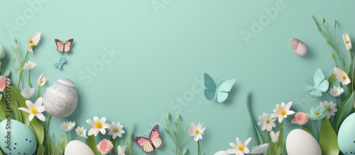 Green Easter eggs and holiday symbols paper art elements grass flowers butterflies Isolated on a isolated pastel background Copy space Raster copy illustration