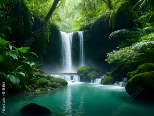 amazing tranquil pond and waterfall nestled in a lush forest  surrounded by trees 