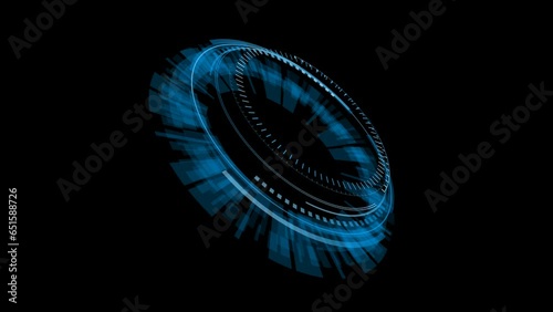 animation 3d futuristic holographic circle hud spinning around with right angle side blue glow design transparent background. Format quick time alpha rgb, video codec animation.	
