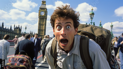 Intriguing display of a nervous tourist in London, exhibiting anxiety near the iconic Big Ben. Perfectly captures emotion amidst bustling city attractions.