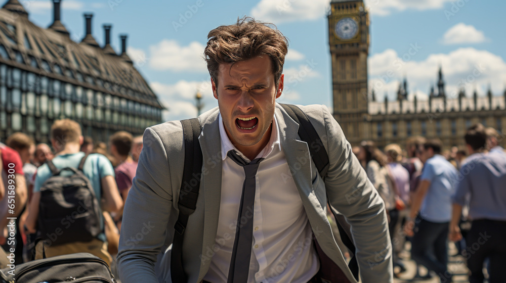 Captivating image of an anxious tourist in London, fearfully exploring near the renowned Big Ben, blending travel unease and iconic sights. - obrazy, fototapety, plakaty 