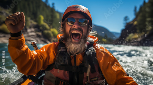 Breathtaking kayaker in Glenwood Springs, Colorado, overjoyed amidst whitewater rapids, evoking exhilaration and water sports passion. © XaMaps