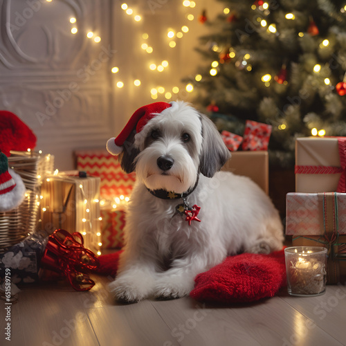 dog in santa claus hat urrounded by gifts and light in Christmas -  generative AI photo