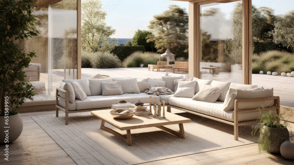 Scandinavian Outdoor Lounge A seamless transition between indoors and outdoors with sliding glass doors, outdoor furnishings, and garden views