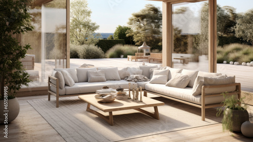 Scandinavian Outdoor Lounge A seamless transition between indoors and outdoors with sliding glass doors, outdoor furnishings, and garden views