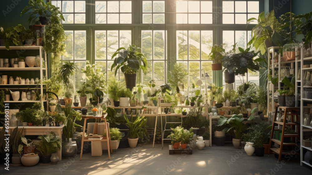 Scandinavian Plant Lover's Paradise A plant-filled haven with shelves of potted greenery, succulents, and hanging planters Scandinavian Plant Lover's Paradise A plant-filled haven with shelves of potted greenery, succulents, and hanging planters