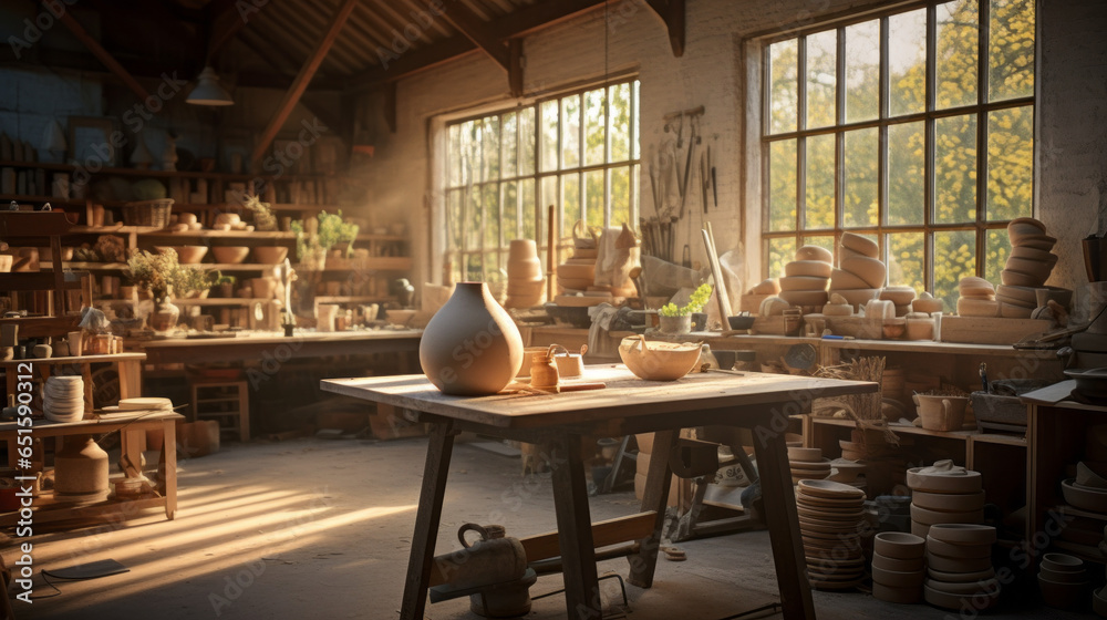 Scandinavian Potters' Studio A workspace for pottery and ceramics enthusiasts, complete with a potter's wheel, kiln, and artisanal pottery - obrazy, fototapety, plakaty 
