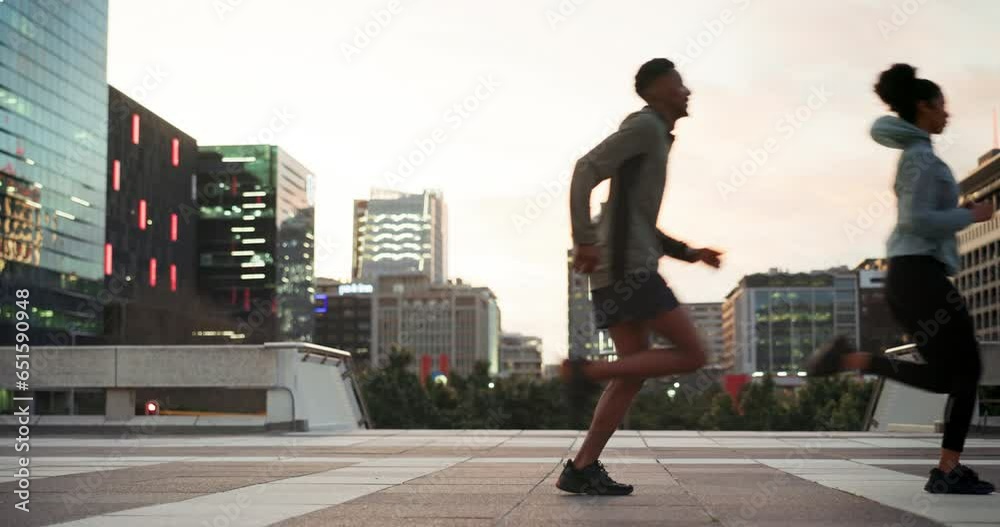 Running, city and people for morning fitness, workout and exercise group outdoor. Sport, energy and urban training with friends and cardio for health and wellness of athlete men and women in town