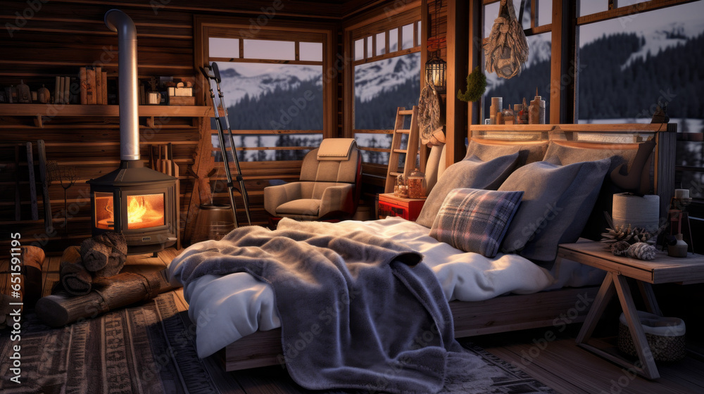 Scandinavian Ski Cabin Retreat A cozy cabin retreat with ski gear storage, a roaring fireplace, and cozy blankets for après-ski relaxation Scandinavian Ski Cabin Retreat A cozy cabin retreat with ski gear storage, a roaring fireplace, and cozy blankets for après-ski relaxation