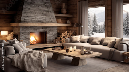Scandinavian Ski Chalet Warm wood, fur throws, and a stone fireplace give a ski lodge vibe A sectional sofa and a log coffee table complete the cozy ambiance 