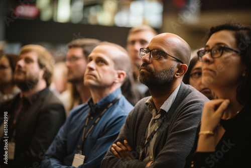 Candid shot of engaged conference attendees attentively listening to captivating speaker