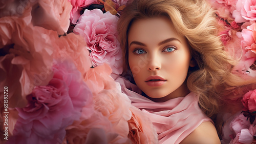 A beautiful blue-eyed woman wearing a veil in a field of pink roses. cosmetics photo, beauty industry advertising photo. Beauty Concept Photos. photo