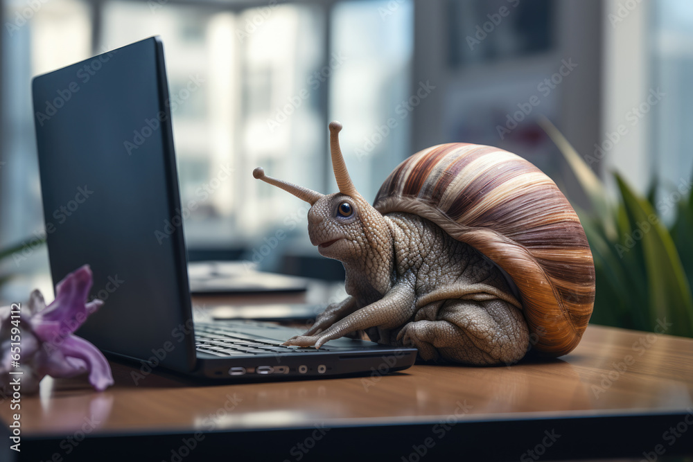Obraz premium Giant snail working on a computer, concept of slow work, slow connection, internet