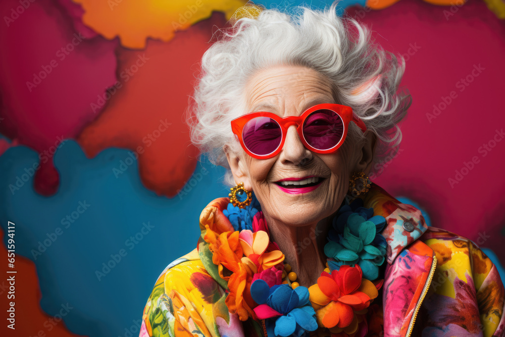 Stylish old lady senora woman in bright clothes on a bright color background