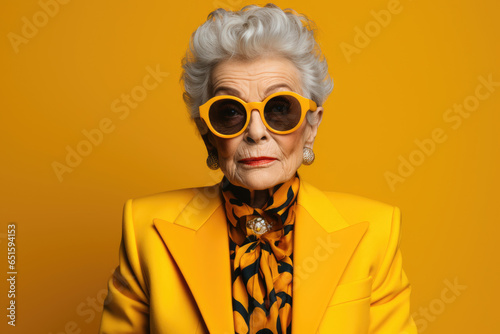 Stylish serious business lady senora woman in yellow clothes on a yellow background