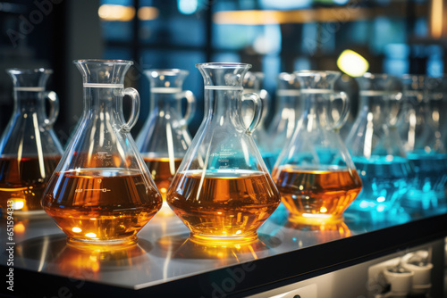 Test tubes and beakers in a biological laboratory with colored liquids closeup