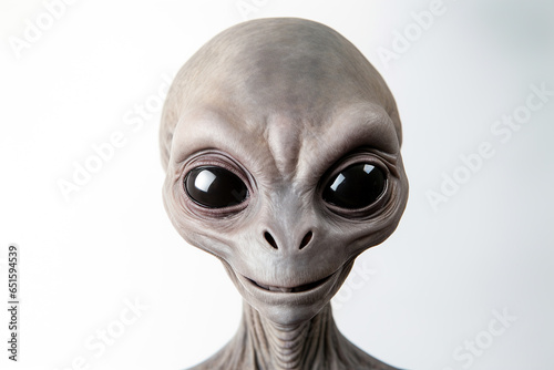 Portrait of a happy, friendly smiling grey space alien extra terrestrial being visitor isolated on a white background