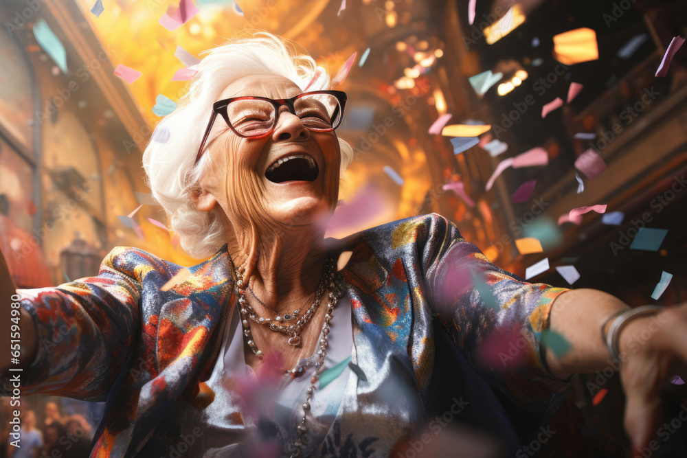 old stylish energetic senior woman having fun at a party - obrazy, fototapety, plakaty 