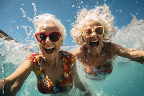 Happy couple of cheerful seniors man and woman diving underwater in the swimming pool