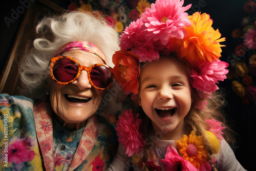 stylish old senior woman with her granddaughter in a carnival outfit are having fun at the holiday
