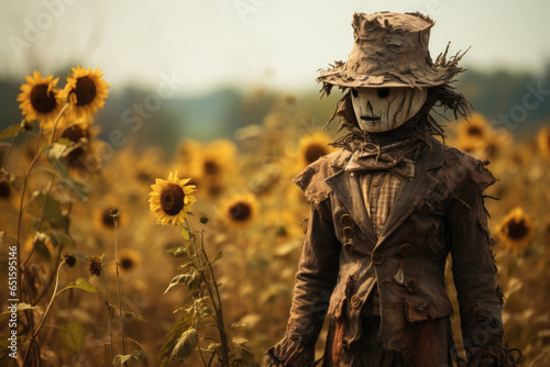 Terrible scarecrow in a scary mask in a field