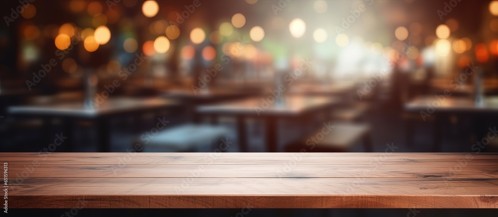 Wood table top with blurred restaurant background for displaying or assembling products Wood table top with blurred restaurant background for displaying or assembling products