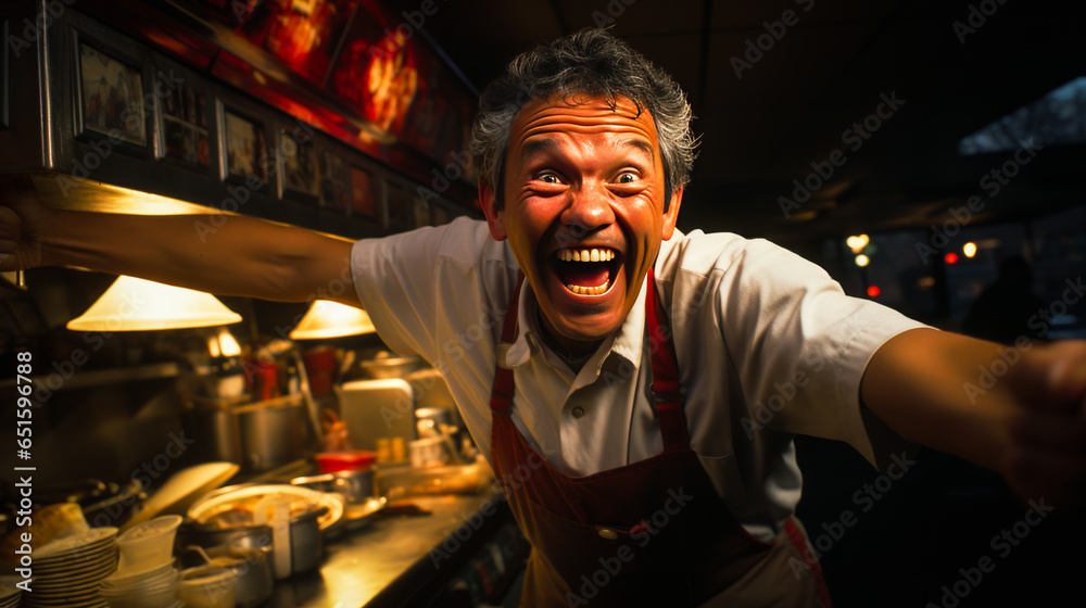 Dramatic snapshot of an enraged snack bar attendant at a bowling alley
