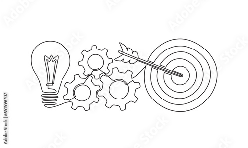 Continuous one line drawing of light bulb with a dart board and gears.  Startup idea creative imagination jackpot highest point goals and winning education or business success.
