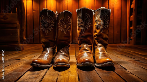 Cowboy Boots Shine on a Vibrant Wooden Stage. Wooden Charm and Cowboy Chic. Generative AI photo