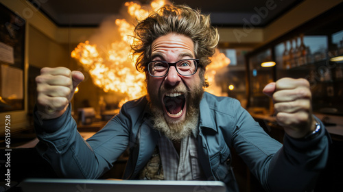 Triumphantly excited programmer, fist pumping with overwhelming enthusiasm and zeal behind a keyboard, elatedly writing code. Expressive image of an exultant software developer. photo